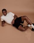 Classic Work Shorts in Basic Black and Organic Vintage Tee in Vintage Off White on Isaac
