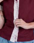 Painted Pantry Button-Up in Red Wine close up on Alex