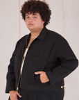Mechanic Jacket in Basic Black angled view on Miguel