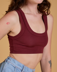 Close up of Mini Tank in Red Wine worn by Alex