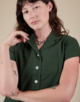 Pantry Button-Up in Swamp Green front close up on Alex