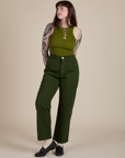 Racerback Tank in Summer Olive and Work Pants in Swamp Green on Sydney