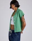 Pantry Button-Up in Seafoam Green side view on Kira