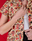 Front close up of Hot Stuff Print Pantry Button-Up on Alex