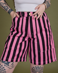 Close up of Longline Work Shorts in Bubblegum Pink on Sydney