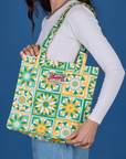 Spring Quilt Print Shopper Tote worn over shoulder of model