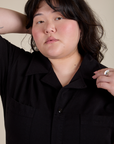 Short Sleeve Jumpsuit in Basic Black front close up on Ashley
