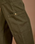 Drop Pocket Cargo Pants in Surplus Green close up of side pant leg pocket