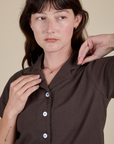 Pantry Button-Up in Espresso Brown front close up on Alex