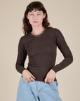 Alex is 5’8” and wearing P Long Sleeve Baby Tee in Espresso Brown