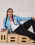 Mechanic Jacket in Baby Blue and black Western Pants on Anthony