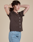 Pantry Button-Up in Espresso Brown angled front view on Alex