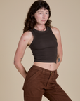 Racerback Tank in Espresso Brown angled front view on Alex