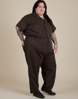 Angled front view of Short Sleeve Jumpsuit in Espresso Brown on Sam
