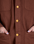 Close up of Ripstop Field Coat in Fudgesicle Brown on Sam