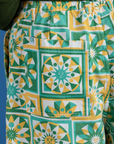 Back pocket close up of Longline Work Shorts in Spring Quilt Print on Jerrod