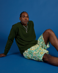 Longline Work Shorts in Spring Quilt Print and Long Sleeve Burly Tee in Evergreen worn by Jerrod