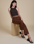 Racerback Tank in Espresso Brown and fudgesicle brown Work Pants on Alex