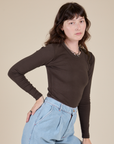 Long Sleeve Baby Tee in Espresso Brown angled front view on Alex