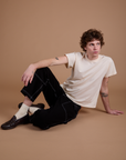 Carpenter Jeans in Black and Organic Vintage Tee in Vintage Tee Off-White on Quinn
