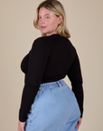 Long Sleeve Baby Tee in Basic Black angled back view on Lish