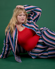 Juliet is wearing Stripe Work Jacket in Pacific Stripe paired with matching Work Pants