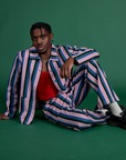 Isaac is wearing Stripe Work Jacket in Pacific Stripe paired with matching Work Pants