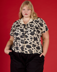 Close up of Juliet wearing the Cow Pantry Button Up