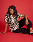 Kandia wearing the Cow Pantry Button Up with the Black Drop Pocket Pants