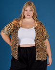 Juliet wearing the Tiger Pantry Button Up on with the Vintage Tee White Cropped Tank Underneath