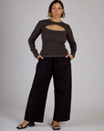 Tiara wearing the Espresso Brown Long Sleeve Porthole Tee with Black Drop Pocket Pants