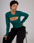 Mika wearing the Hunter Green Long Sleeve Porthole Tee