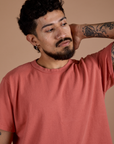 Burly Tee in Raspberry Sorbet front close up on Jesse