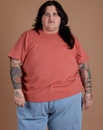 Sam is wearing Burly Tee in Raspberry Sorbet