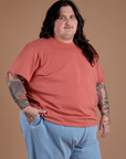 Angled front view of Burly Tee in Raspberry Sorbet on Sam