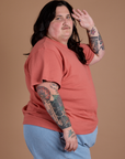 Side view of Burly Tee in Raspberry Sorbet on Sam