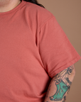 Sleeve close up of Burly Tee in Raspberry Sorbet on Sam