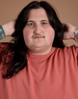 Burly Tee in Raspberry Sorbet front close up on Sam