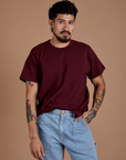 Burly Tee in Red Wine worn by Jesse