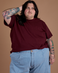 Burly Tee in Red Wine worn by Sam