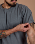 Burly Tee in Washed Grey front close up on Jesse