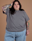 Sam is wearing Burly Tee in Washed Grey