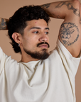 Burly Tee in Vintage Tee White front close up on Jesse