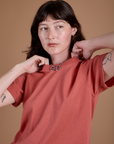 Burly Tee in Raspberry Sorbet front view on Alex