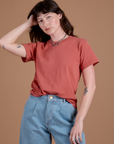 Alex is 5'8" and wearing P Burly Tee in Raspberry Sorbet