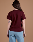 Burly Tee in Red Wine back view on Alex