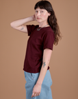 Burly Tee in Red Wine side view on Alex
