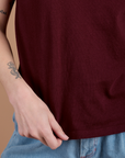 Burly Tee in Red Wine close up on Alex