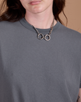 Burly Tee in Washed Grey front close up on Alex