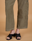 Corduroy Drop Pocket Cargo Pants in Khaki Grey pant leg close up on Alex